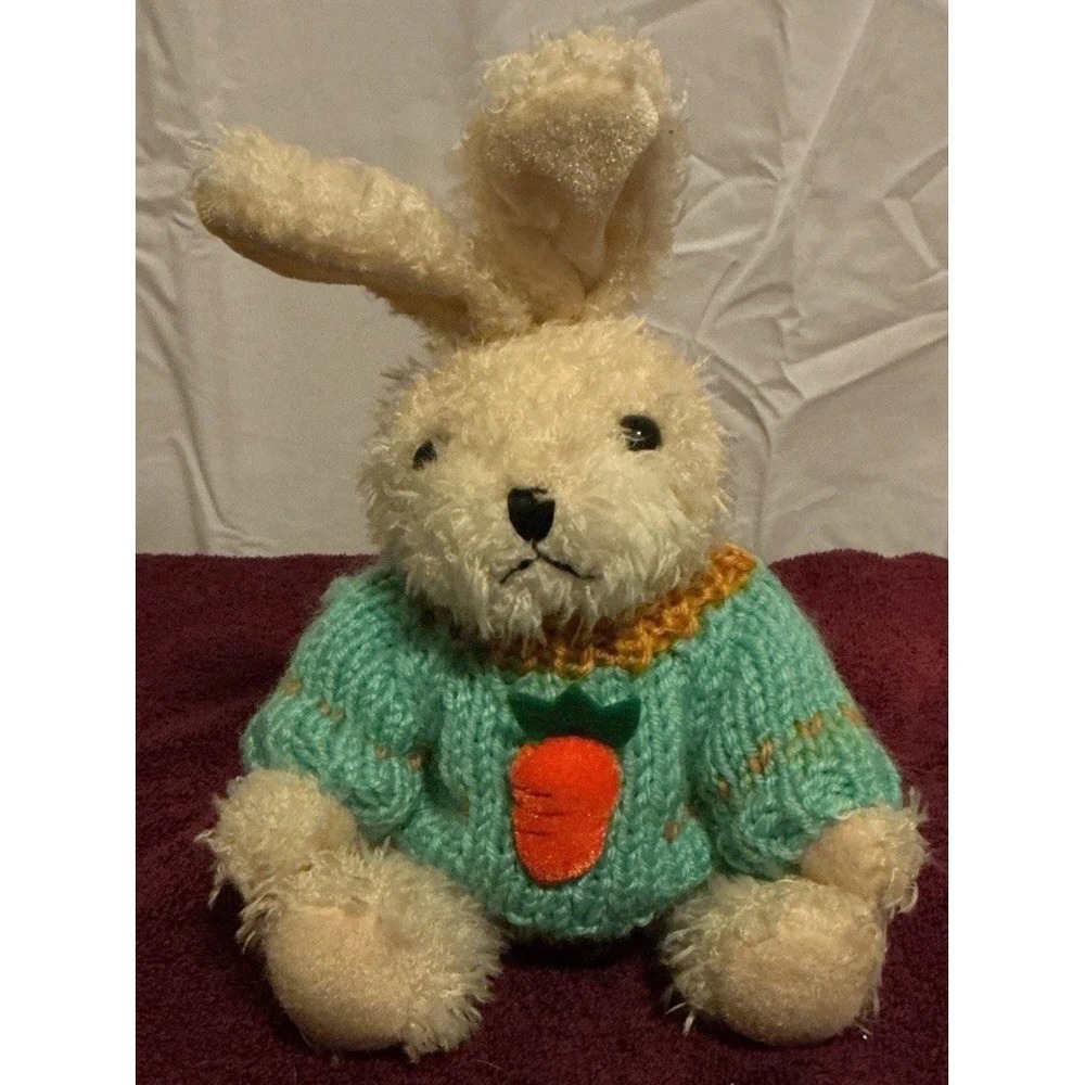 1988 Chrisha Playful Plush Bunny Stuffed Rabbit Easter Sweater With Jointed Legs